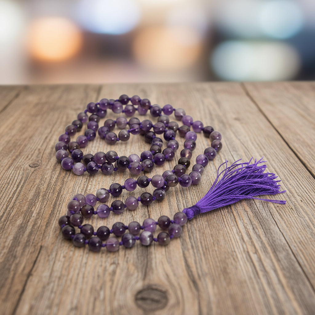 Natural Amethyst Mala Prayer 108 Beads Japa Mala Tassel Necklace