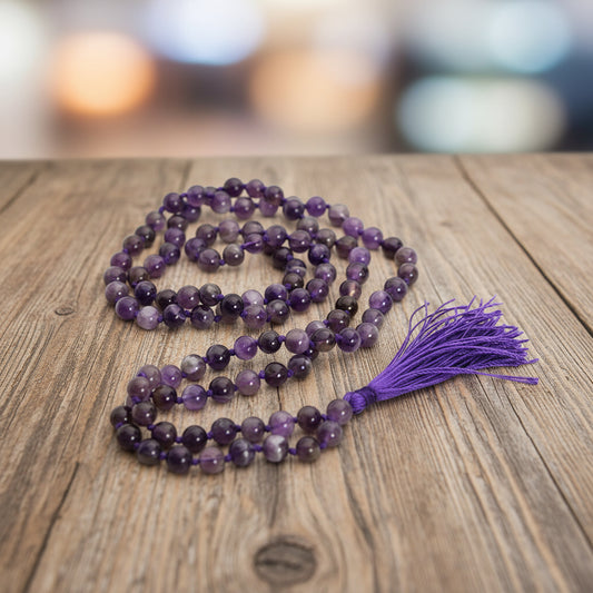 Natural Amethyst Mala Prayer 108 Beads Japa Mala Tassel Necklace